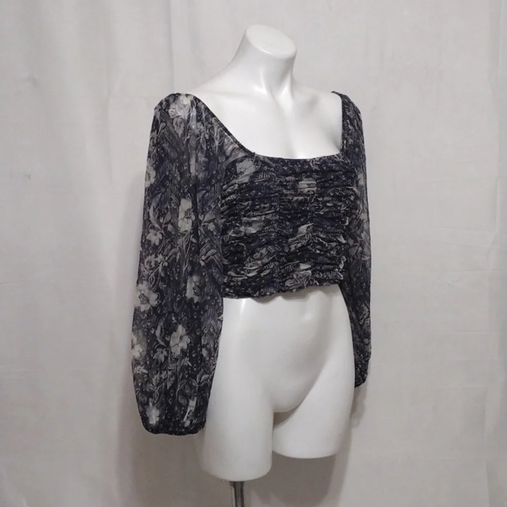 Free People Smocked Floral Sheer Puff Sleeve Crop Top Boho Coquette Cottagecore